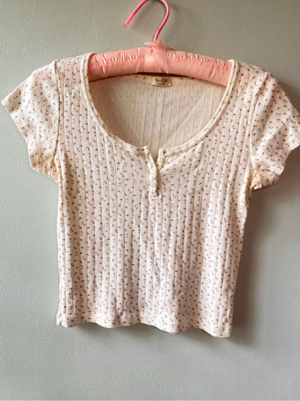 Brandy Melville John Galt Floral Ribbed Baby Tee Cream Pink Boho Coquette